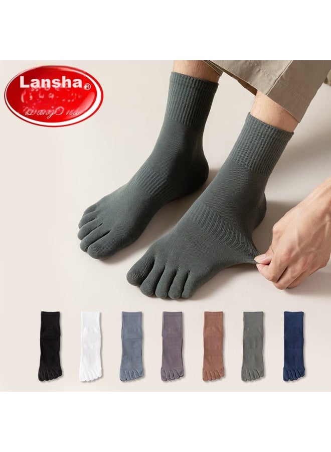 روني Langsha جوارب قطنية بخمسة أصابع للرجال، جوارب رجالية من القطن بالكامل تمتص العرق حتى منتصف الساق، جوارب رياضية منفصلة الأصابع تسمح بالتهوية وتمتص العرق، 4 أزواج - Image 3