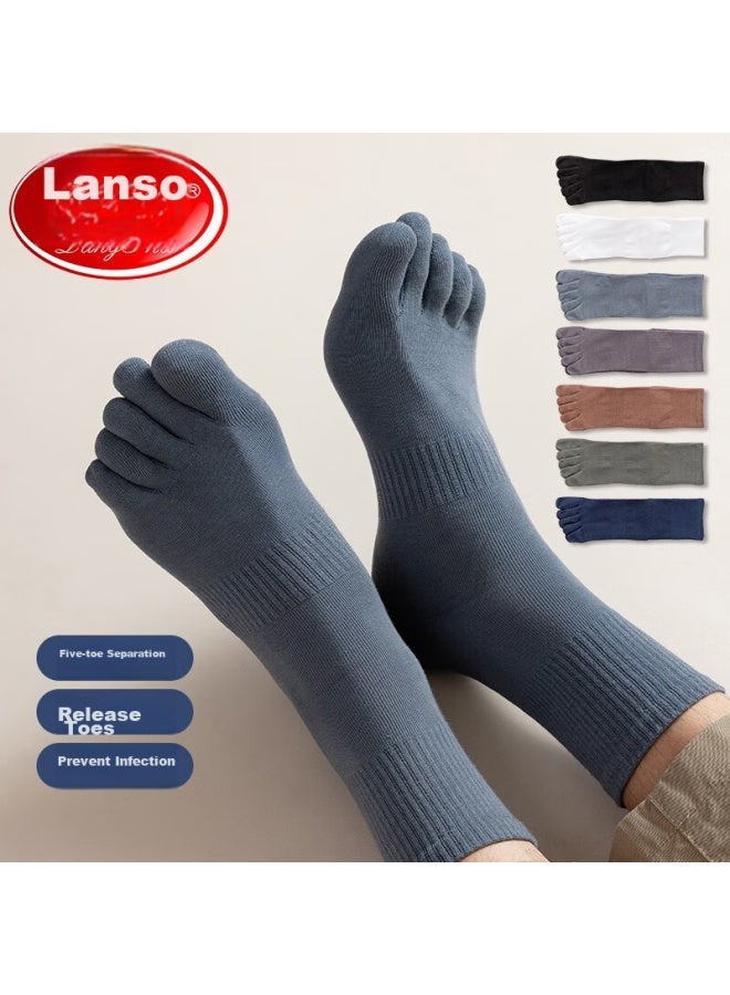 روني Langsha جوارب قطنية بخمسة أصابع للرجال، جوارب رجالية من القطن بالكامل تمتص العرق حتى منتصف الساق، جوارب رياضية منفصلة الأصابع تسمح بالتهوية وتمتص العرق، 4 أزواج - Image 4