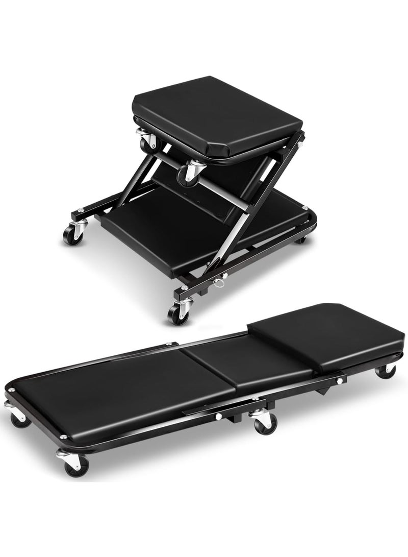 كيلا كرسي زحف قابل للطي، كرسي زحف متحرك 2 في 1 للسيارة ومقعد، كرسي زحف ميكانيكي بعجلات 36 بوصة أسفل السيارة، يتحمل وزنًا يصل إلى 330 رطلاً، شديد التحمل، أسود - Image 1