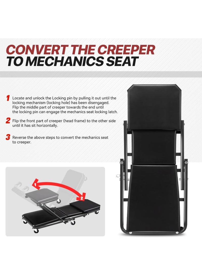 كيلا كرسي زحف قابل للطي، كرسي زحف متحرك 2 في 1 للسيارة ومقعد، كرسي زحف ميكانيكي بعجلات 36 بوصة أسفل السيارة، يتحمل وزنًا يصل إلى 330 رطلاً، شديد التحمل، أسود - Image 2