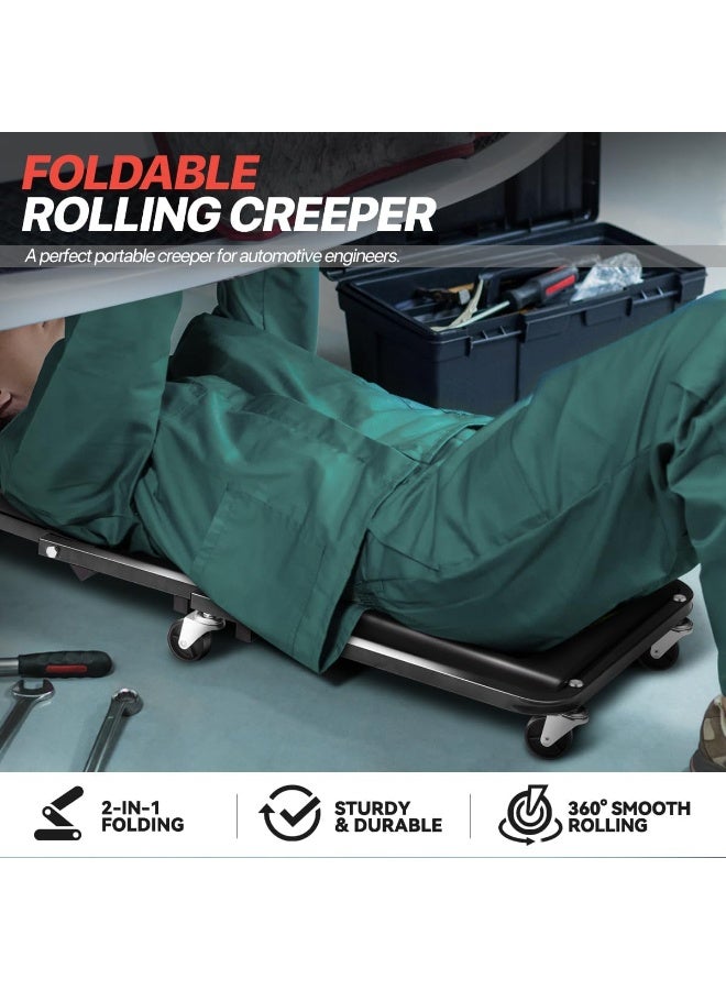 كيلا كرسي زحف قابل للطي، كرسي زحف متحرك 2 في 1 للسيارة ومقعد، كرسي زحف ميكانيكي بعجلات 36 بوصة أسفل السيارة، يتحمل وزنًا يصل إلى 330 رطلاً، شديد التحمل، أسود - Image 4