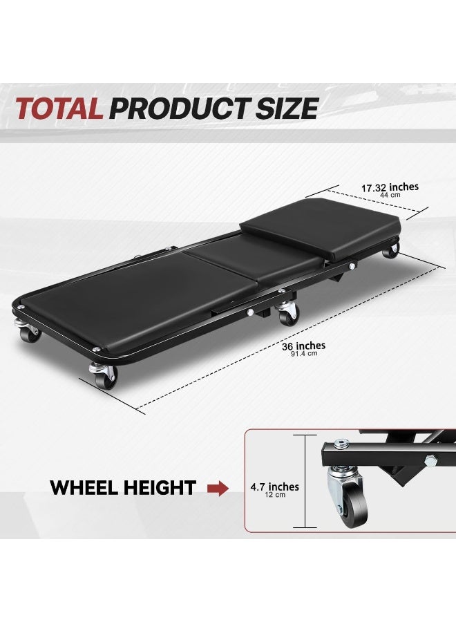 كيلا كرسي زحف قابل للطي، كرسي زحف متحرك 2 في 1 للسيارة ومقعد، كرسي زحف ميكانيكي بعجلات 36 بوصة أسفل السيارة، يتحمل وزنًا يصل إلى 330 رطلاً، شديد التحمل، أسود - Image 3