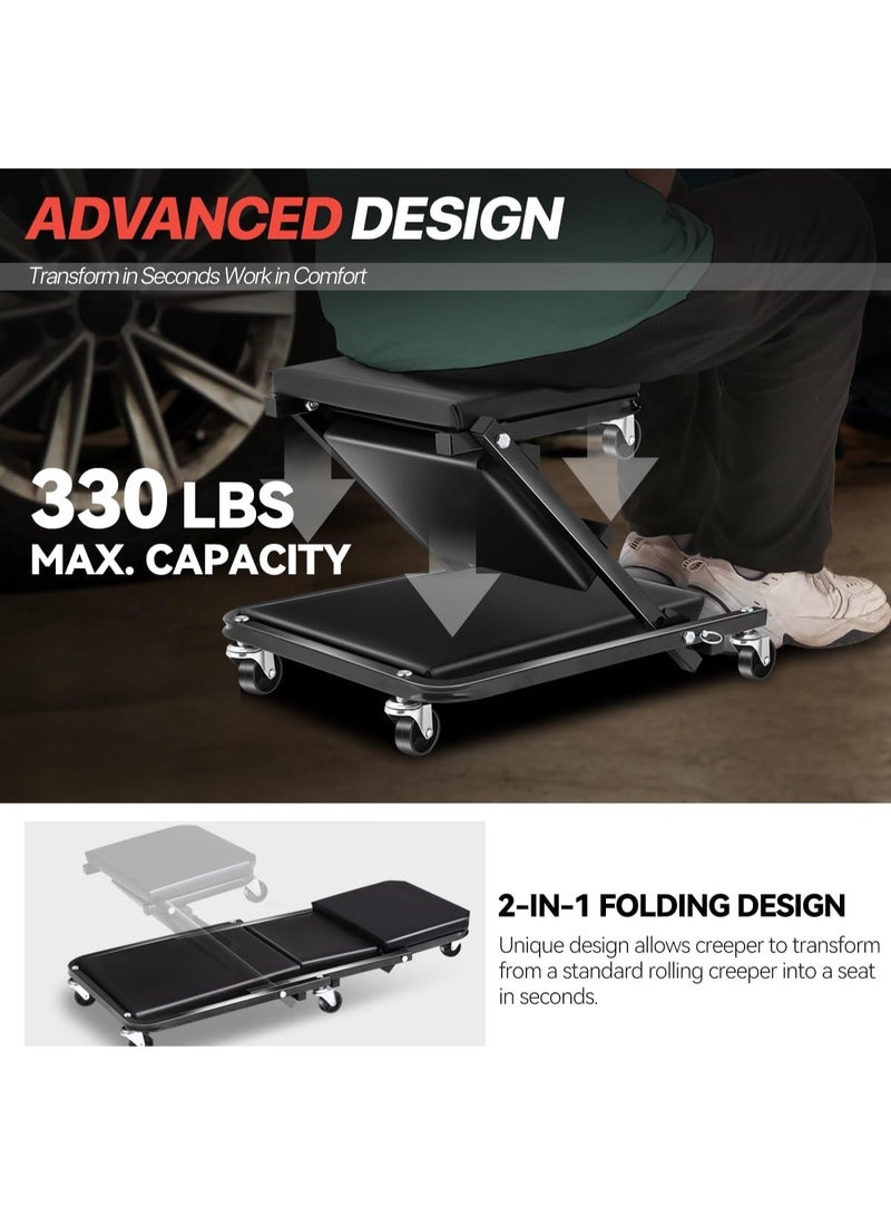 كيلا كرسي زحف قابل للطي، كرسي زحف متحرك 2 في 1 للسيارة ومقعد، كرسي زحف ميكانيكي بعجلات 36 بوصة أسفل السيارة، يتحمل وزنًا يصل إلى 330 رطلاً، شديد التحمل، أسود - Image 5