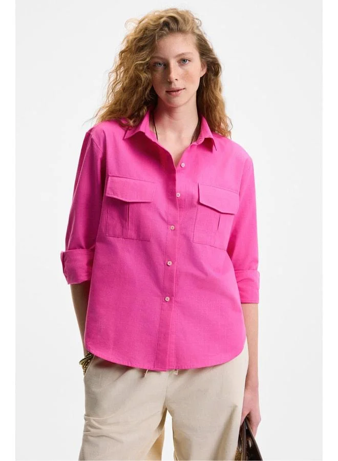 GRIMELANGE RIGO Women's Shirt, Collar, Long Sleeve, Regular Fit, Long, Thin Fuchsia Shirt.