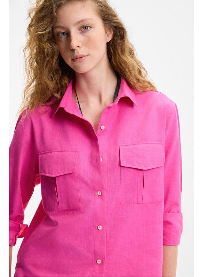 GRIMELANGE RIGO Women's Shirt, Collar, Long Sleeve, Regular Fit, Long, Thin Fuchsia Shirt. - Image 3