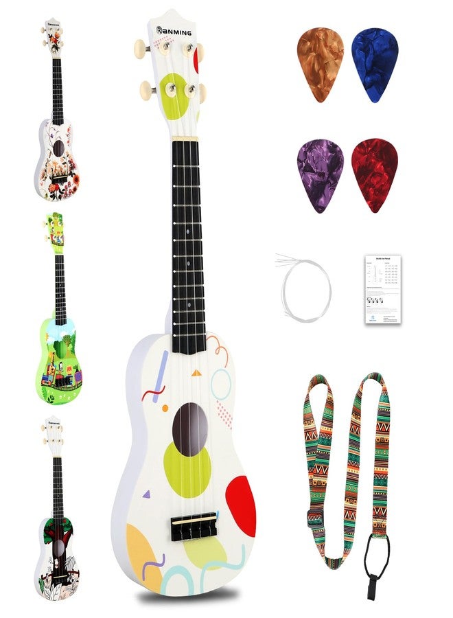 RANMING Ukulele 21 inch ukelele kids 4-String Ukulele Starter Kit with Strap, Picks,Carbon Strings Portable Plastic uku for Music Education Outdoor Travel Holiday Gift Geometric - Image 1