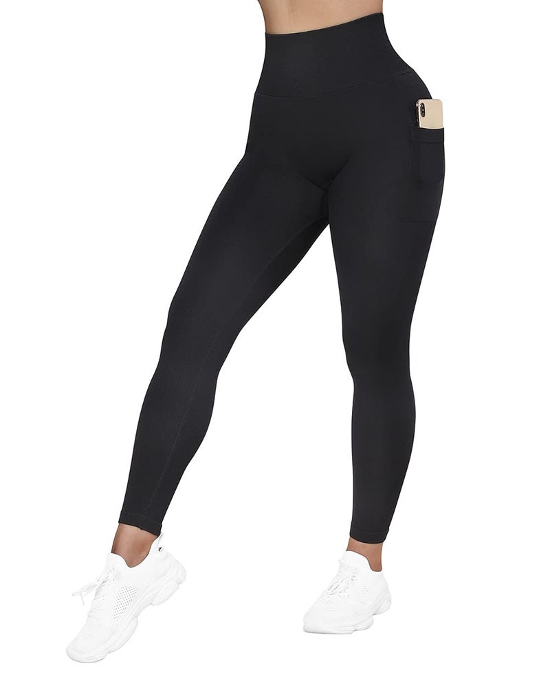 SUUKSESS Women Seamless Butt Lifting Leggings with Pockets Booty High Waisted Workout Yoga Pants (Black, M) - Image 3