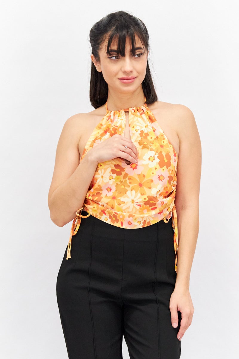 ASOS بلوزة نسائية بدون أكمام بطبعة زهور مع رباط حول العنق، مجموعة برتقالية - Image 1