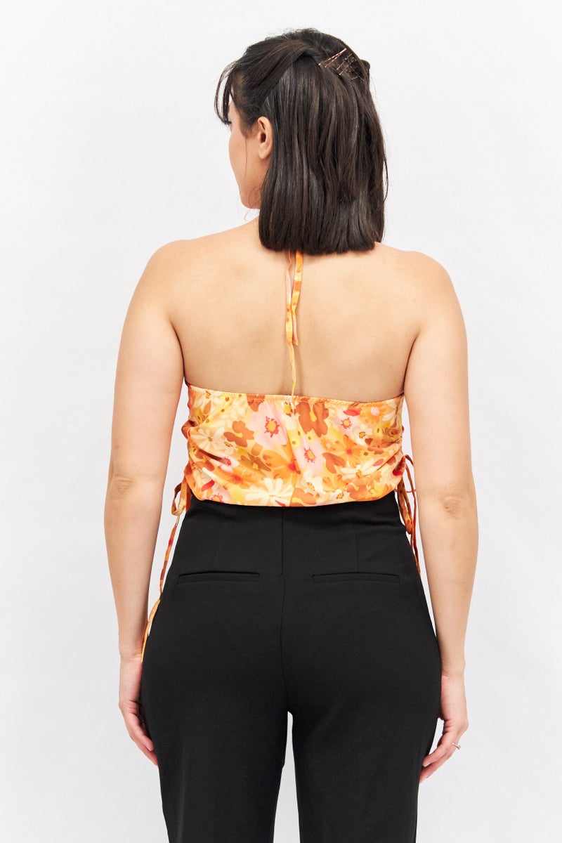 ASOS بلوزة نسائية بدون أكمام بطبعة زهور مع رباط حول العنق، مجموعة برتقالية - Image 3