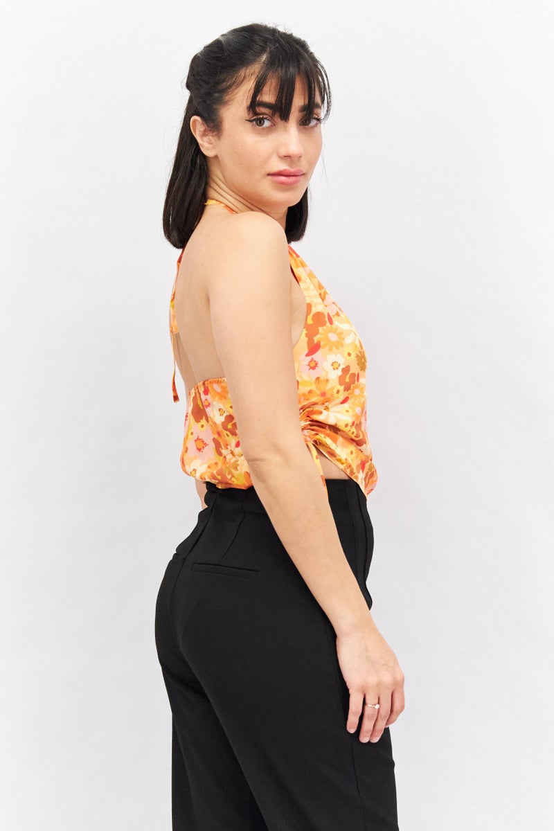 ASOS بلوزة نسائية بدون أكمام بطبعة زهور مع رباط حول العنق، مجموعة برتقالية - Image 4