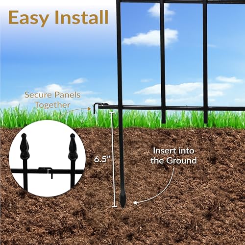 Sunnydaze 5-Panel Roman Iron Decorative Garden Fence Border - 9ft L x 18in H No Dig Metal Garden Fencing for Animal Barrier, Flower Bed, Yard - Black - Image 3