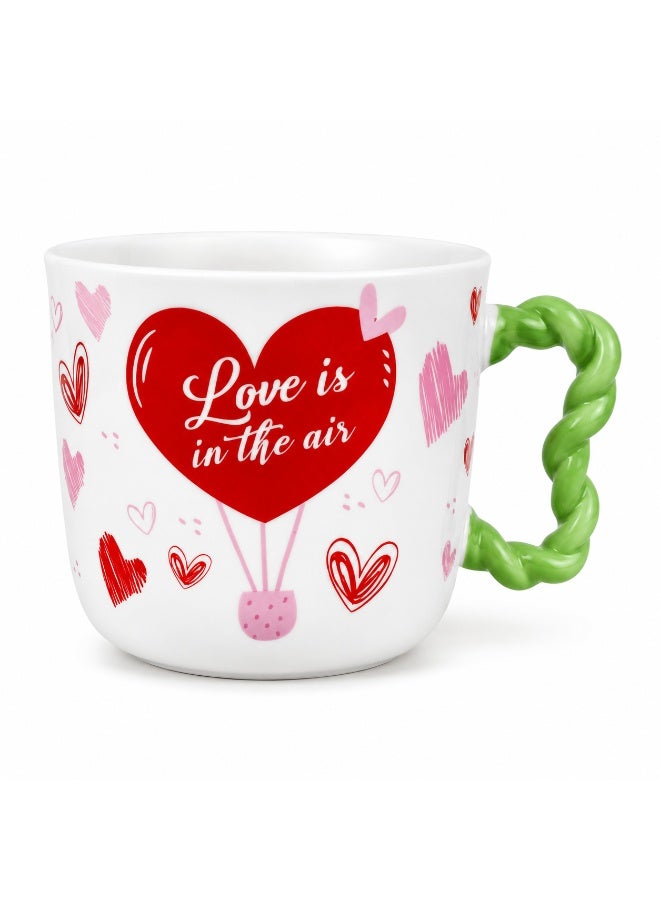مج بورسلين رومانسي بتصميم بالون قلب وعبارة Love Is in the Air مع مقبض مجدول أخضر، كوب للقهوة والشاي والنسكافيه والمشروبات الساخنة والباردة