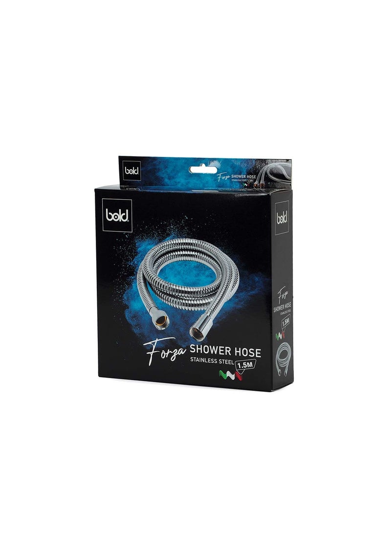 Bold Stainless Steel Shower Hose 1.5m – Double Interlock Anti-Twist Design – Chrome Silver Finish – High Flexibility – Durable Long-Lasting Brass Connections - Image 2