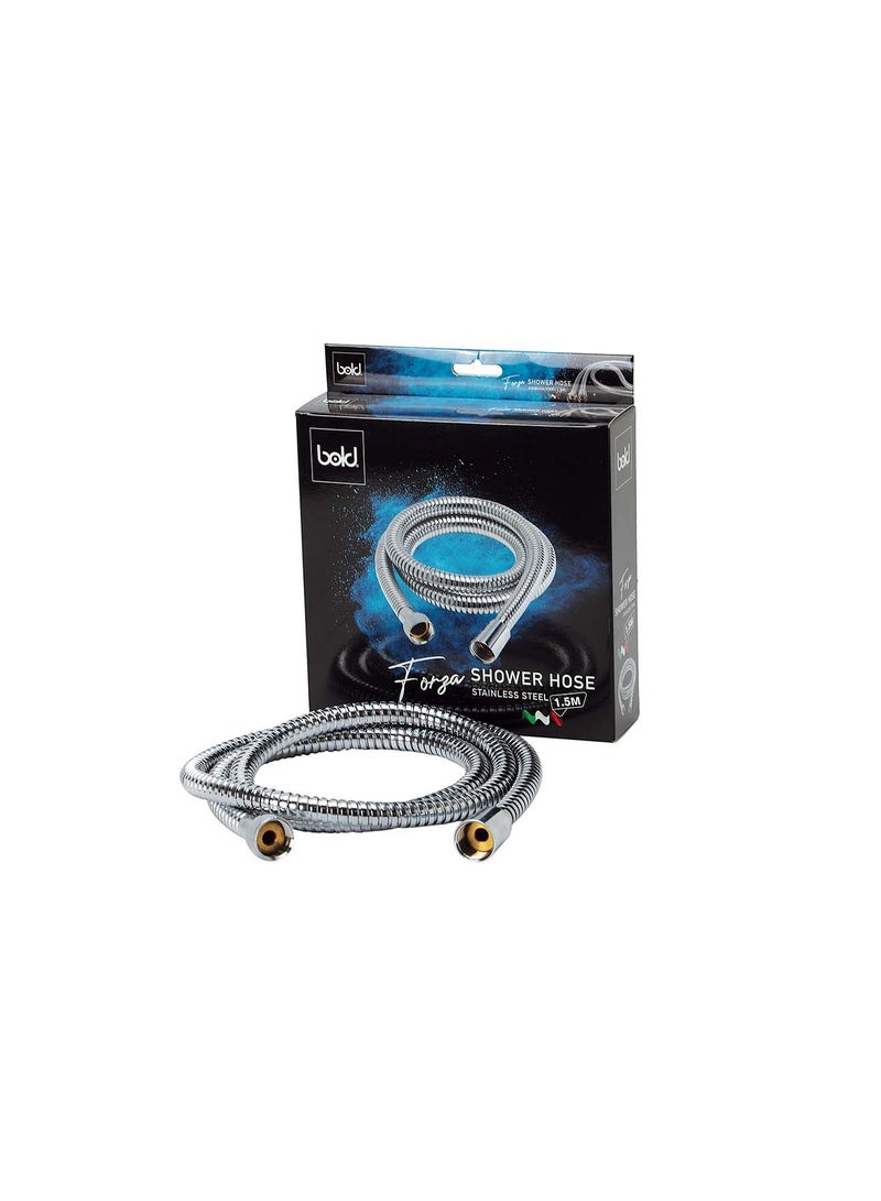 Bold Stainless Steel Shower Hose 1.5m – Double Interlock Anti-Twist Design – Chrome Silver Finish – High Flexibility – Durable Long-Lasting Brass Connections - Image 3