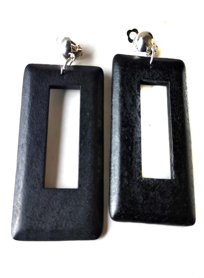 Divas Diggables Clip-on Earrings Bohemian Wood Earrings Rectangle Dangle Assorted Colors 3 inch L (Black) - Image 1