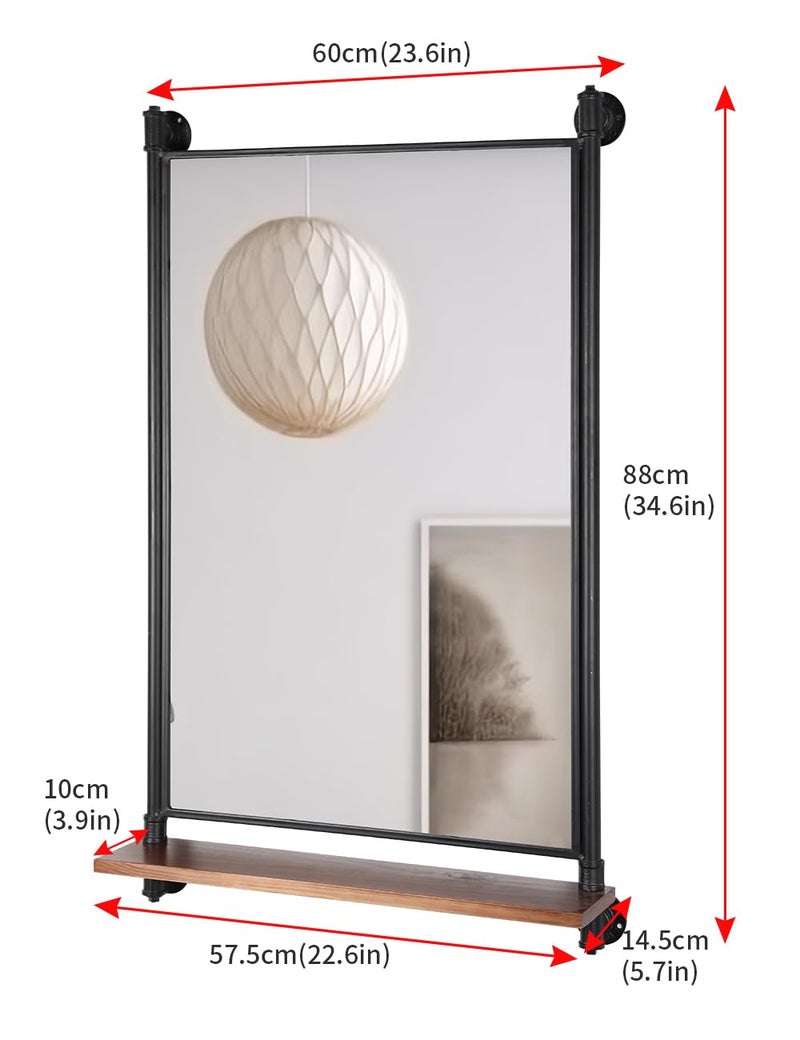 OLDRAINBOW Industrial Pipe Mirror Wood Shelves,Bedroom Mirror with Shelf,Rectangle Iron Wall Mirrors for Living Room Bedroom(34.6 x 23.6 in) - Image 2