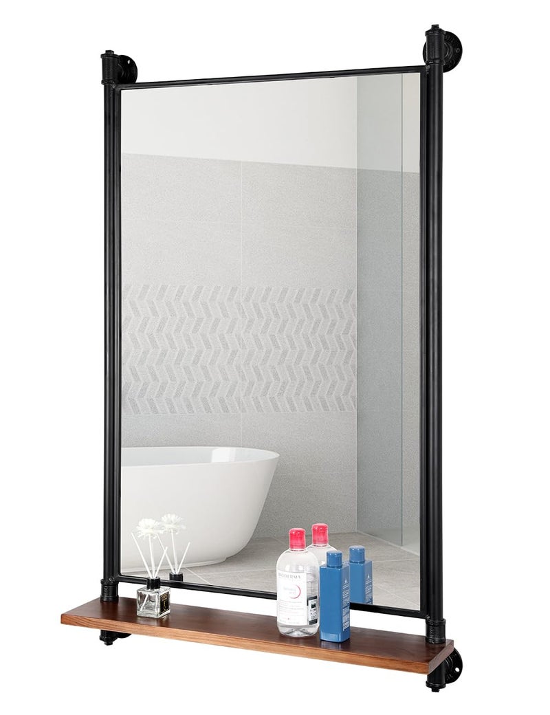 OLDRAINBOW Industrial Pipe Mirror Wood Shelves,Bedroom Mirror with Shelf,Rectangle Iron Wall Mirrors for Living Room Bedroom(34.6 x 23.6 in) - Image 3