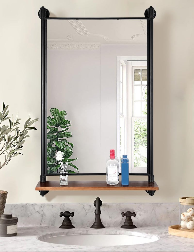 OLDRAINBOW Industrial Pipe Mirror Wood Shelves,Bedroom Mirror with Shelf,Rectangle Iron Wall Mirrors for Living Room Bedroom(34.6 x 23.6 in) - Image 1