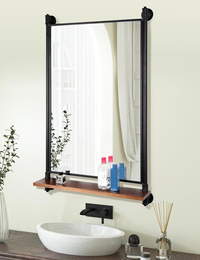 OLDRAINBOW Industrial Pipe Mirror Wood Shelves,Bedroom Mirror with Shelf,Rectangle Iron Wall Mirrors for Living Room Bedroom(34.6 x 23.6 in) - Image 4