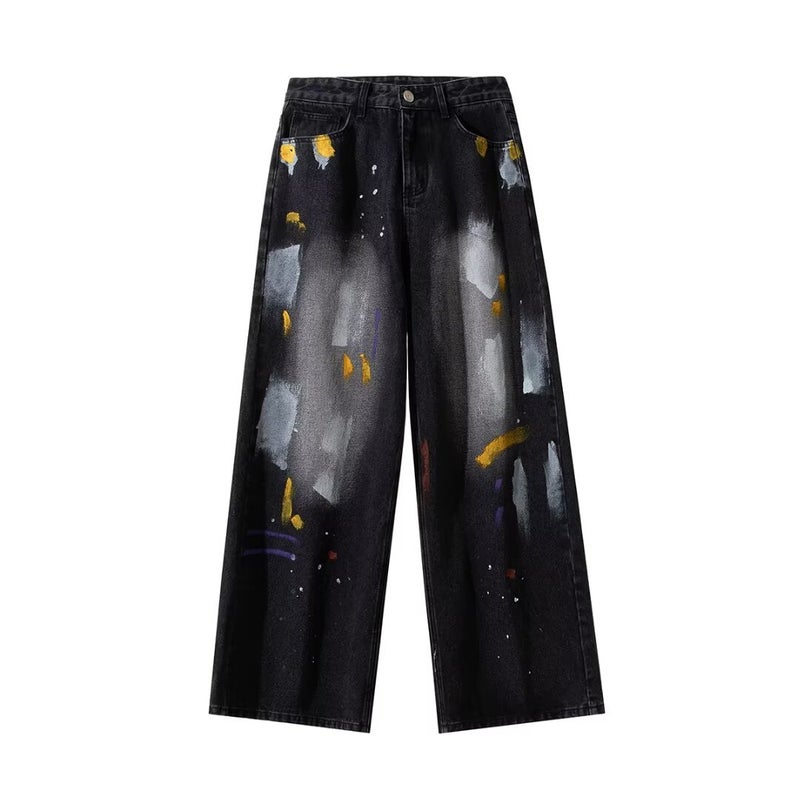 American Style Retro Elegant Graffiti Trendy Brand Black Jeans Mens New Design Sense Loose Slimming Splash Ink Mop Pants Black  - Image 1