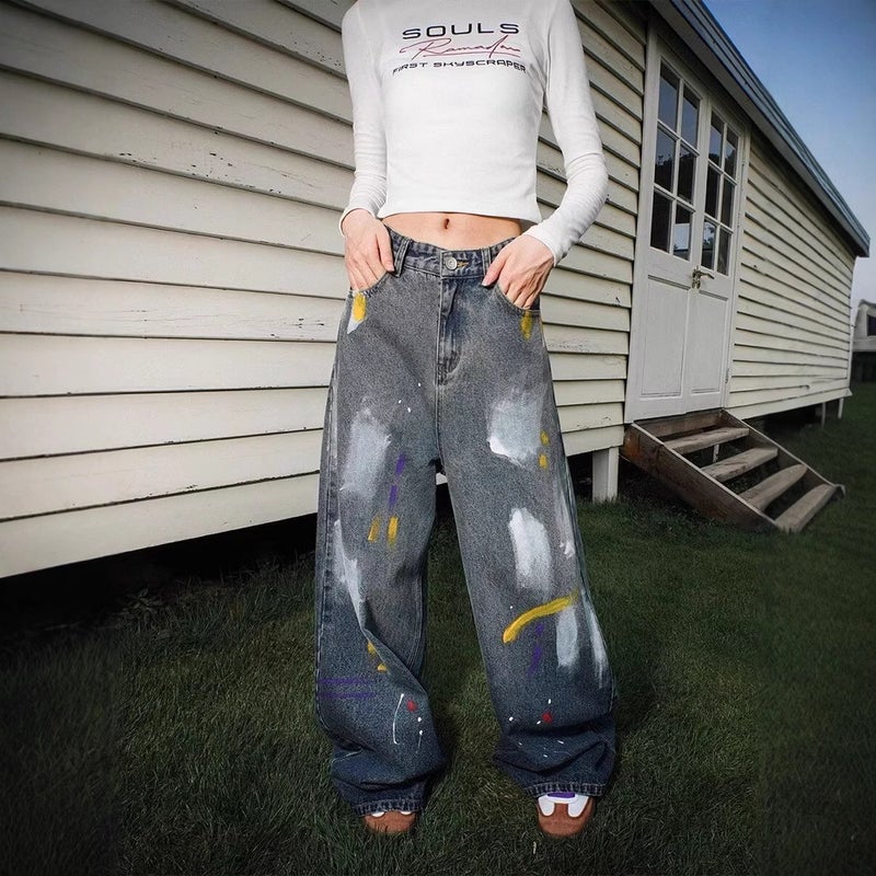 American Style Retro Elegant Graffiti Trendy Brand Black Jeans Mens New Design Sense Loose Slimming Splash Ink Mop Pants Black  - Image 4