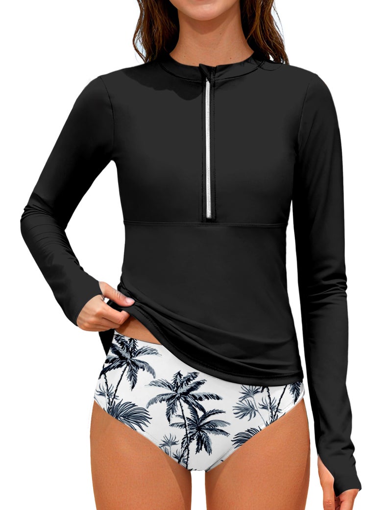 ADIFUN Teen Swimsuits for Girls 12-14 Half-Zip Long Sleeve Modest Girl Rash Guard Swimsuit with Chest Padding 2Pcs Swimwear UPF 50+ Black Leaf Bathing Suits - Image 1