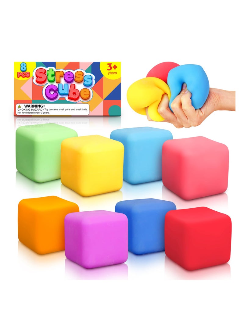 KASTWAVE 8 Pcs Stress Cube Squishy Balls, Stretchy Fidget Toys for Anxiety and Stress Relief, Pull and Stretch Soft Squishy Toys for Kids Adults, Slow Rising Dough Stress Balls, Random Color - Image 1