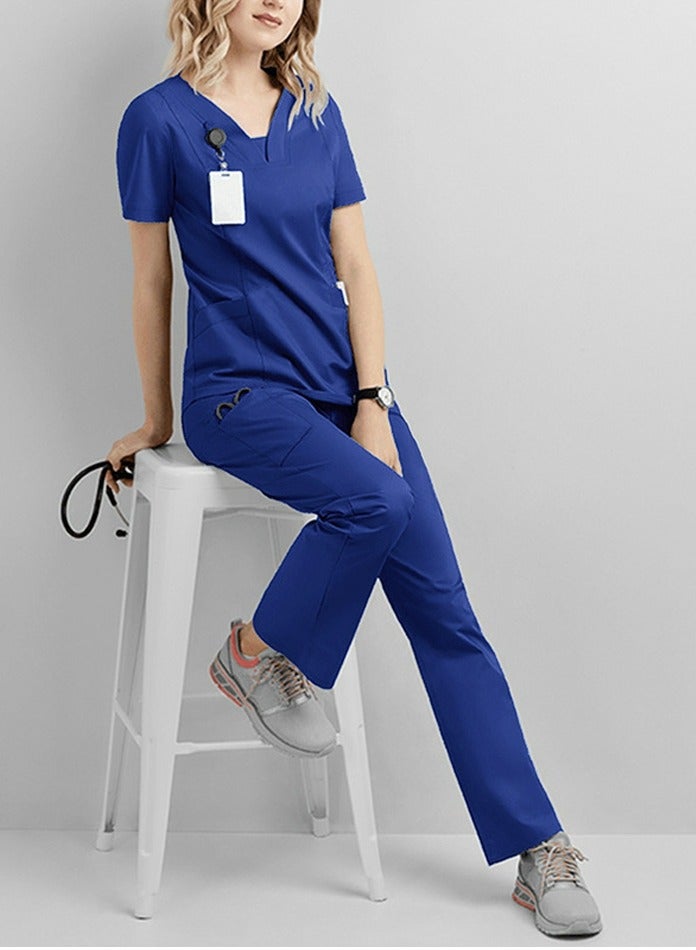 Loquat Solid Color Medical Uniform Scrubs 2 Piece Set V-Neck Top and Loose Pants  Set Royal Blue