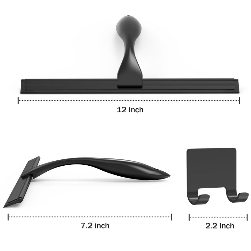 Docrok All-Purpose Stainless Steel Shower Squeegee for Shower Glass Door with Adhesive Hook, Bathroom Cleaner Tool Household Window Mirror Squeegee for Glass Doors, Cleaning Tile Wall, Car, 12 inch, Black - Image 2