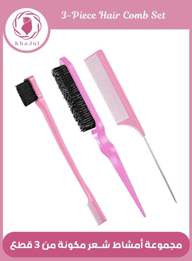 KHAJUL 3-Piece Slick Back Hair Brush Set Hair Brush Edge Control Brush Teasing Comb Rat Tail Comb for Women Baby Kids' Hair (Pink) - Image 1