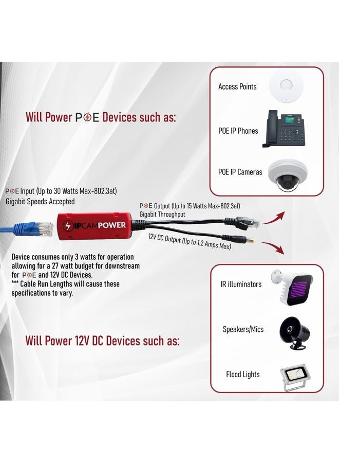 IPCamPower Gigabit POE to 12V DC Converter w/POE Pass Through, Takes Incoming POE and Converts to 12V DC While Passing Through The POE, 802.3af/at POE, 10/100/1000, POE Power Splitter and Extender - Image 5
