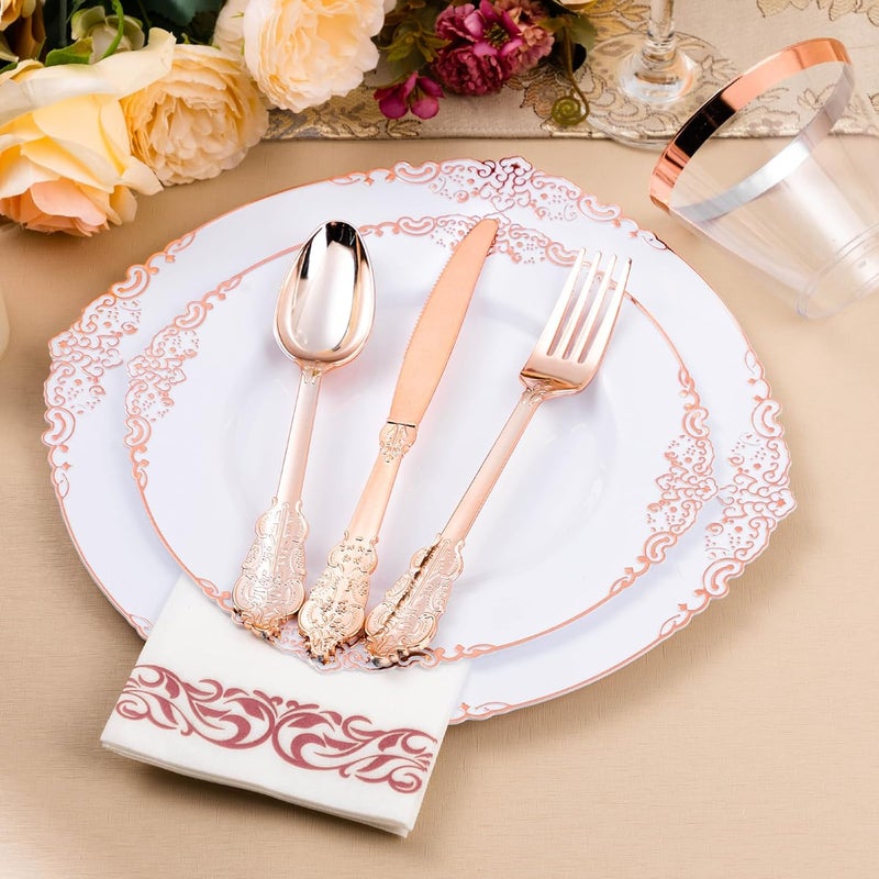 Bestluck 350PCS Rose Gold Plastic Plates for 50 Guests, Disposable Plates with Rose Gold Trim include 100 Dinner Plates, 150 Rose Gold Silverware, 50 Cups, 50 Napkins for Wedding Party - Image 4