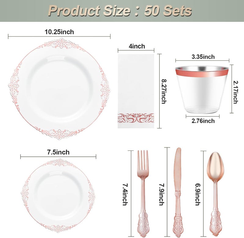 Bestluck 350PCS Rose Gold Plastic Plates for 50 Guests, Disposable Plates with Rose Gold Trim include 100 Dinner Plates, 150 Rose Gold Silverware, 50 Cups, 50 Napkins for Wedding Party - Image 2
