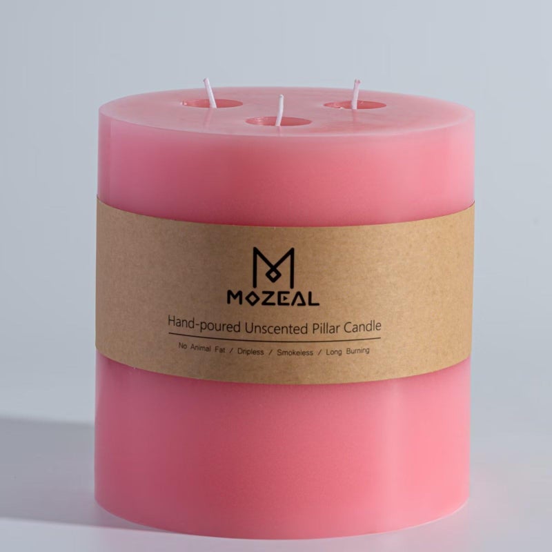 Mozeal Extra Large 3 Wick Pink Pillar Candle  6"" X 6""  Unscented  Dripless  Smokeless  And Clean-Burning. Approx. 120 Hours Of Burn Time. Perfect For Weddings  Dinners  Christmas And Home Decor - Image 1