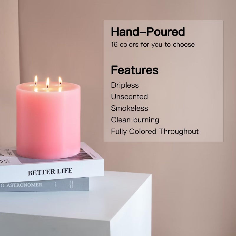 Mozeal Extra Large 3 Wick Pink Pillar Candle  6"" X 6""  Unscented  Dripless  Smokeless  And Clean-Burning. Approx. 120 Hours Of Burn Time. Perfect For Weddings  Dinners  Christmas And Home Decor - Image 2