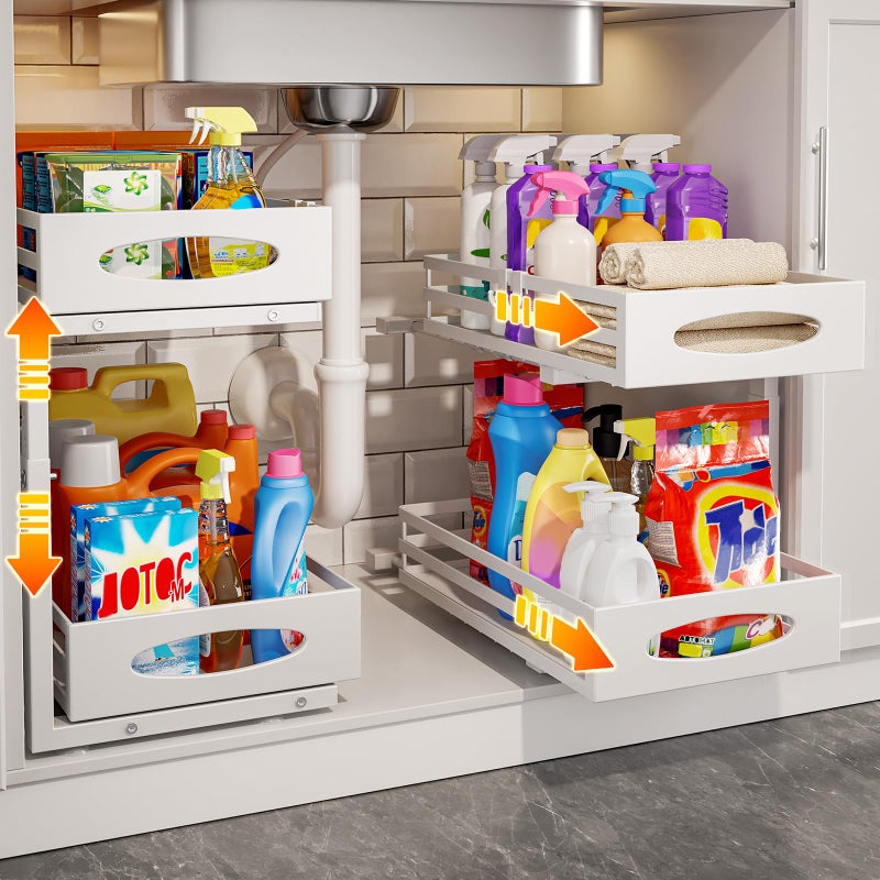 mixeshop Under Sink Organizer, 2 Tier Under Sink Organizers and Storage, Adjustable Height, Slide out Metal Cabinet Organizers, Pull out Cabinet Storage Drawer Shelf for Kitchen Bathroom (White, 2 Pack) - Image 1