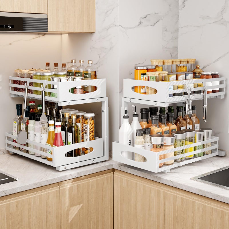 mixeshop Under Sink Organizer, 2 Tier Under Sink Organizers and Storage, Adjustable Height, Slide out Metal Cabinet Organizers, Pull out Cabinet Storage Drawer Shelf for Kitchen Bathroom (White, 2 Pack) - Image 2