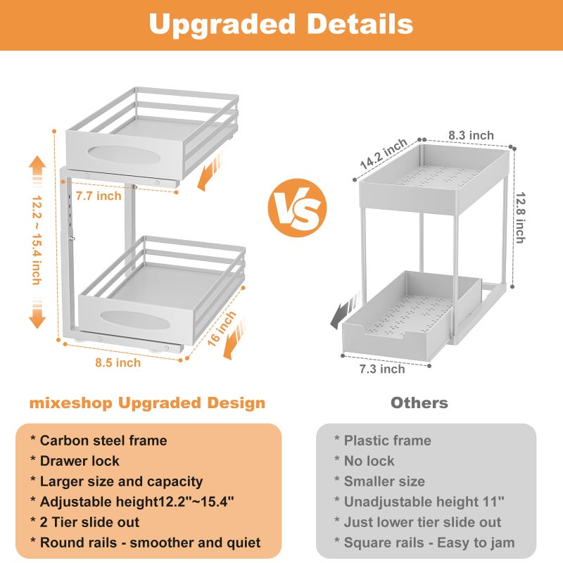 mixeshop Under Sink Organizer, 2 Tier Under Sink Organizers and Storage, Adjustable Height, Slide out Metal Cabinet Organizers, Pull out Cabinet Storage Drawer Shelf for Kitchen Bathroom (White, 2 Pack) - Image 5