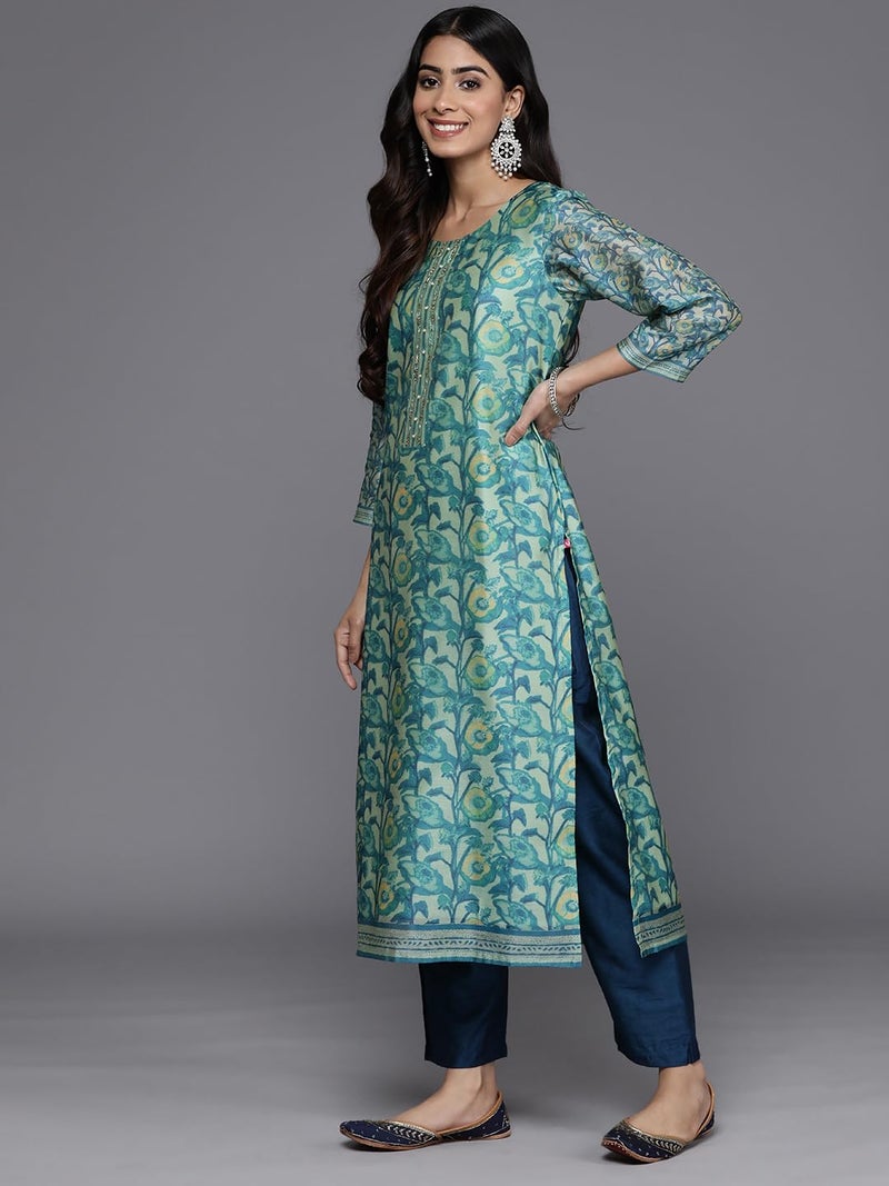 Varanga Women Sea Green Floral Printed Kurta Set – Stylish Kurti Set with Bottom & Printed Dupatta – Ethnic Wear for Women (Large) - Image 3