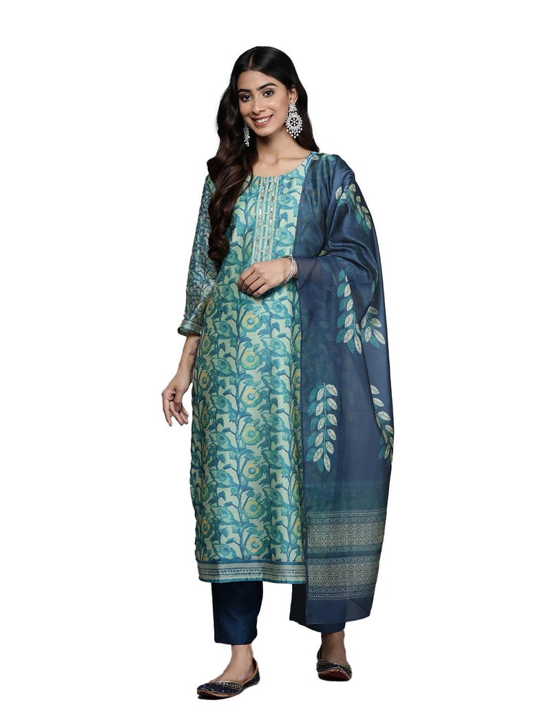 Varanga Women Sea Green Floral Printed Kurta Set – Stylish Kurti Set with Bottom & Printed Dupatta – Ethnic Wear for Women (Large) - Image 1