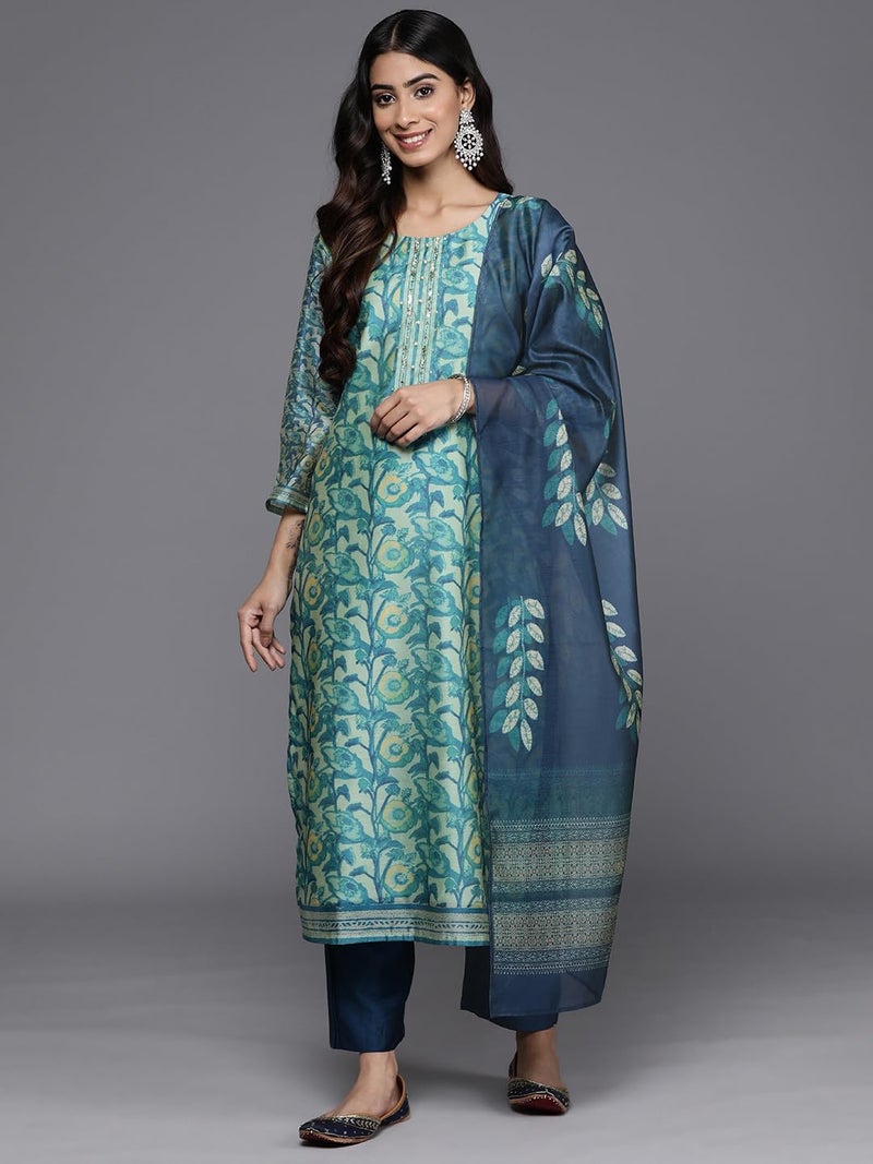 Varanga Women Sea Green Floral Printed Kurta Set – Stylish Kurti Set with Bottom & Printed Dupatta – Ethnic Wear for Women (Large) - Image 2