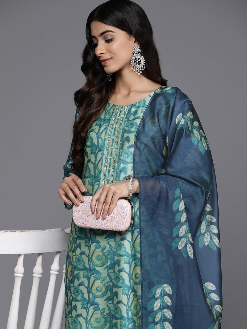 Varanga Women Sea Green Floral Printed Kurta Set – Stylish Kurti Set with Bottom & Printed Dupatta – Ethnic Wear for Women (Large) - Image 5