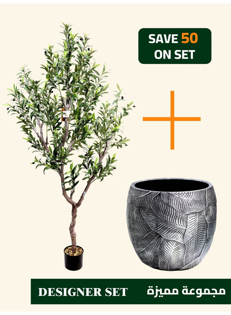 High-Quality Artificial Olive Tree (190cm) with Large Leaf-Textured Cement Planter (30×27cm) – Space-Defining Focal Point for Large Interiors - Image 1