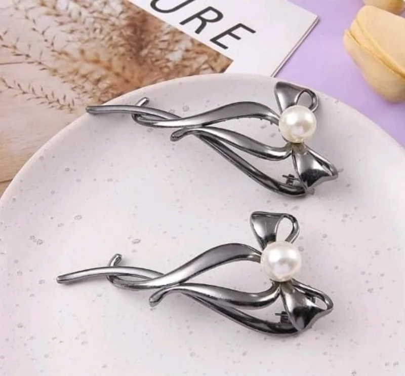 Efna Store Bow Model Anthracite Pearl Clip Bun Hairpin Metal, Modern Pin Clip Hairpin (1 Piece)