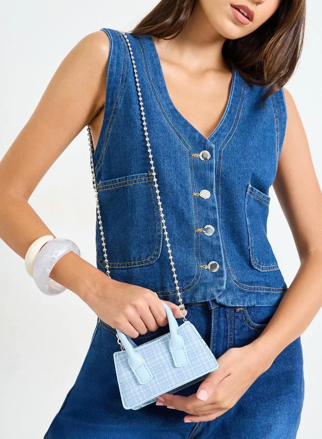 Styli Blue Checked Mini Handbag with Removable Chain Strap