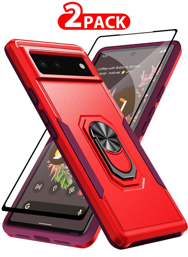 CATANES (Google Pixel 6) 2 Pack Hybrid Case and Screen Protector with Magnetic Metal Ring Holder Kickstand Rugged Drop Protection Cover Red - Image 1