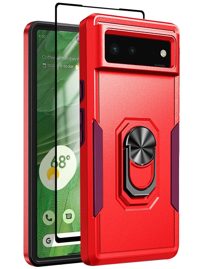 CATANES (Google Pixel 6) 2 Pack Hybrid Case and Screen Protector with Magnetic Metal Ring Holder Kickstand Rugged Drop Protection Cover Red - Image 3