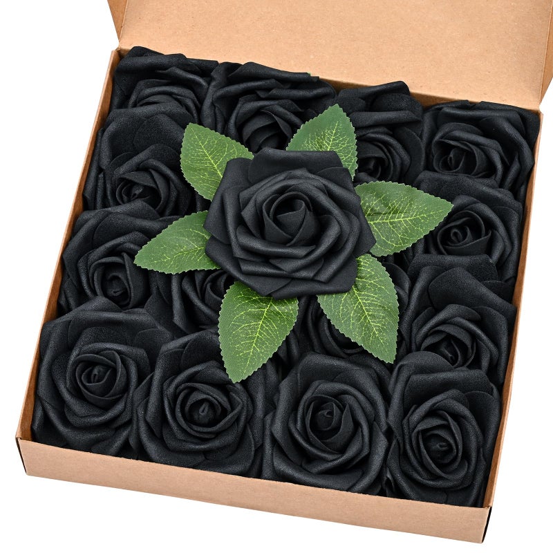 BLEUM CADE 16Pcs Artificial Flowers Fake Roses with Stems, Black Boxed Foam Roses for DIY Bouquets Centerpieces Wedding Party Arrangement Bridal Shower Decor - Image 1