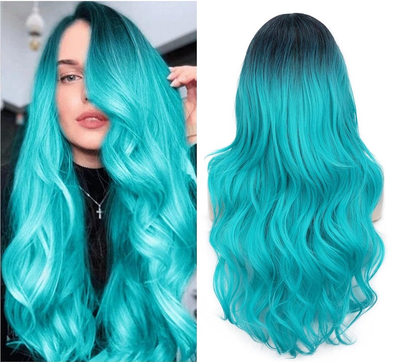 FAVE Ombre Bluish Green Wig Long Wavy Side Part Wig Heat Resistant Synthetic Hair Teal Blue Wig Mermaid Wigs for Women Ombre Bluish Green