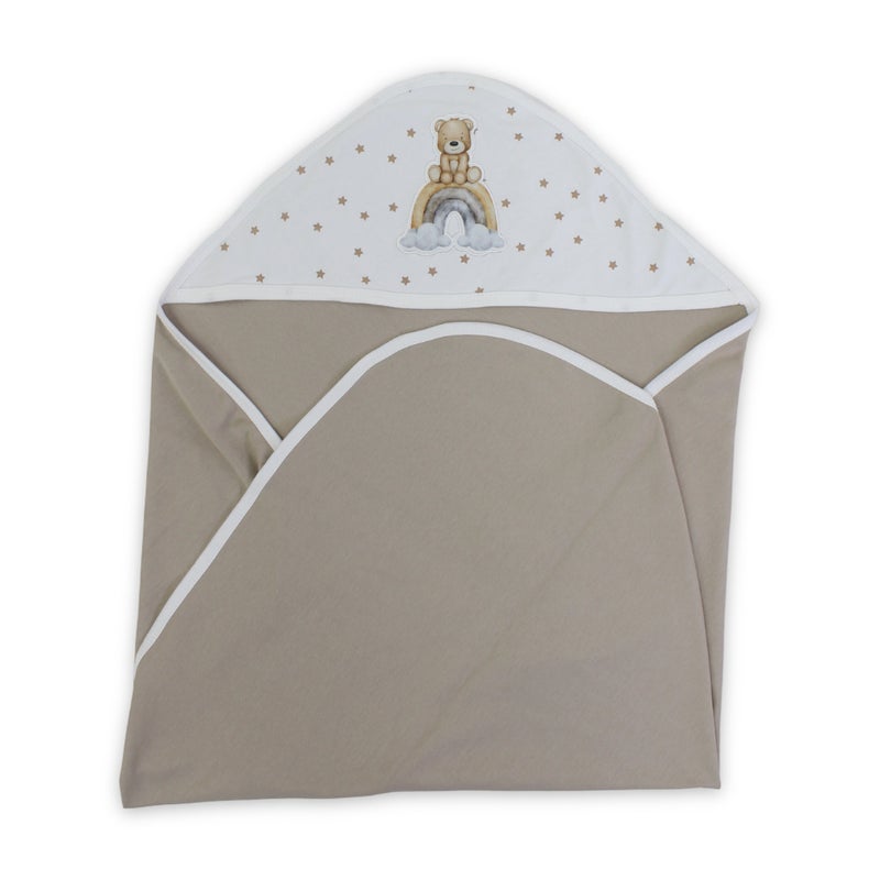 Berceau Cotton Baby Blanket – with Teddy Bear Sitting Rainbow Print – Beige - Image 1